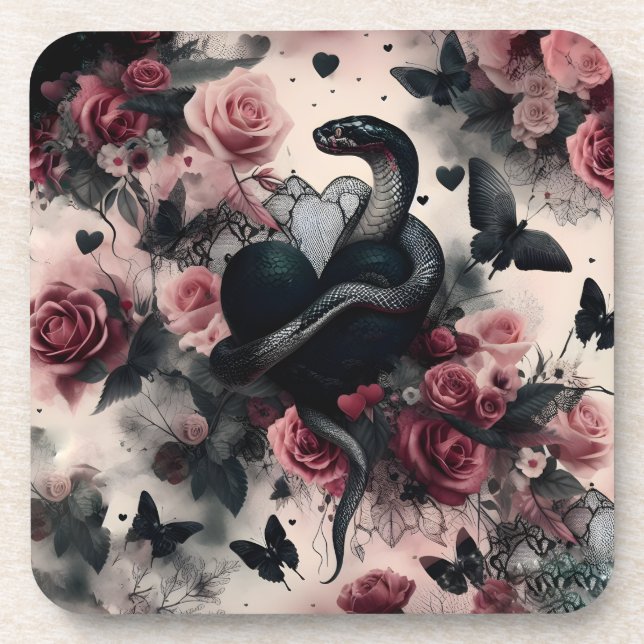 Snake Wrapped Around Heart With Roses Coaster (Front)