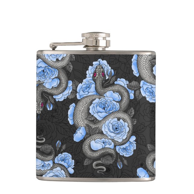 Snakes and blue roses hip flask (Front)