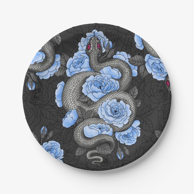 Snakes and blue roses paper plate (Front)