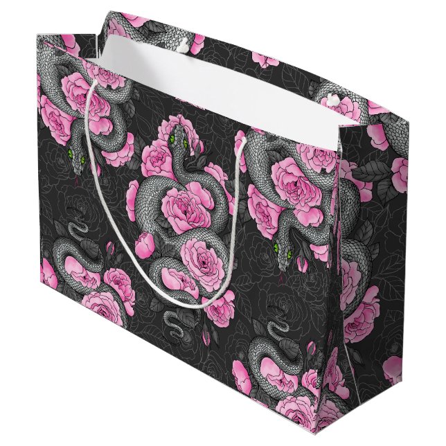 Snakes and pink roses large gift bag (Back Angled)