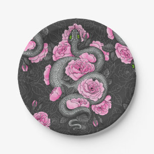 Snakes and pink roses paper plate