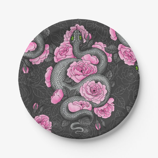 Snakes and pink roses paper plate (Front)