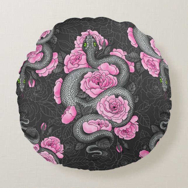 Snakes and pink roses round cushion (Front)