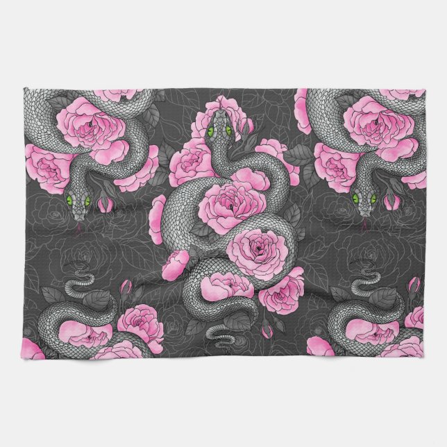 Snakes and pink roses tea towel (Horizontal)