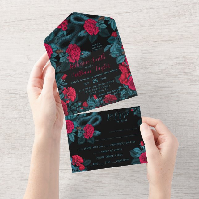 Snakes and red roses on black  all in one invitati invitation (Tearaway)