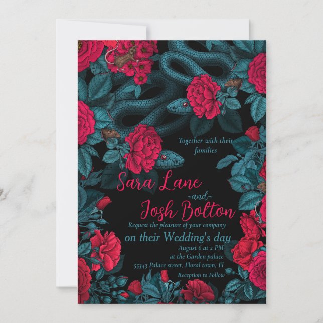 Snakes and red roses on black invitation (Front)