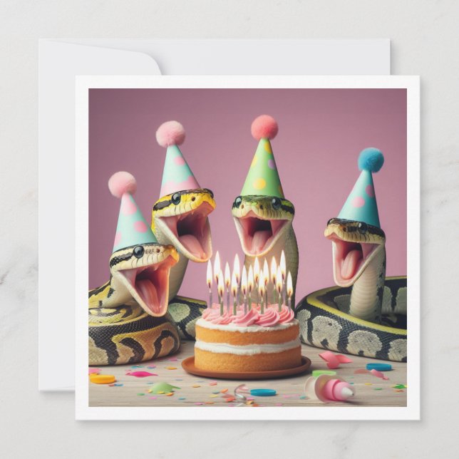 Snakes eating cake birthday invitation, reptile invitation (Front)