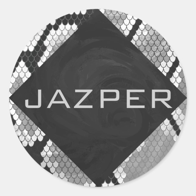 Snakeskin Grey, White, and Black Monogrammed Classic Round Sticker (Front)