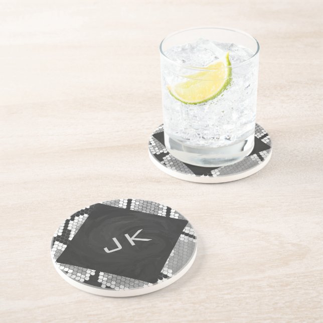 Snakeskin Grey, White, and Black Monogrammed Coaster (Side)
