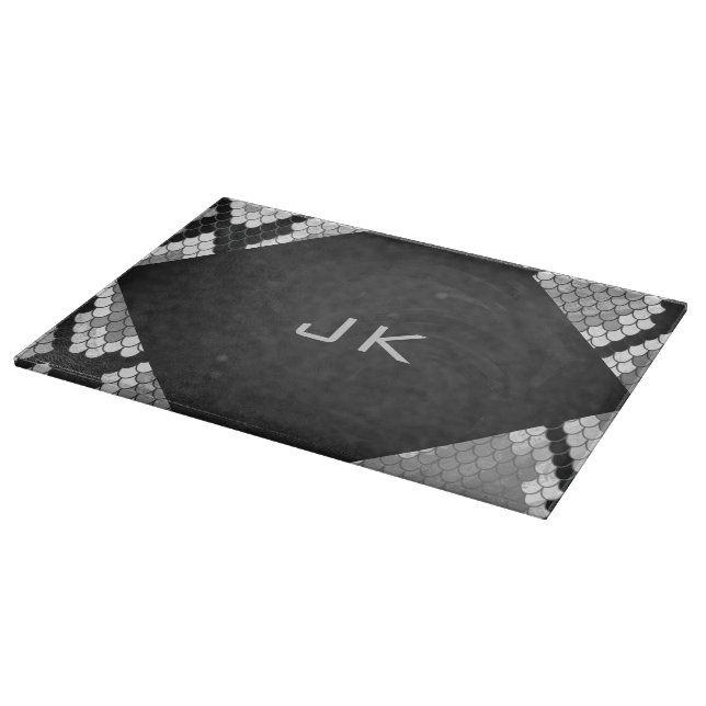 Snakeskin Grey, White, and Black Monogrammed Cutting Board (Corner)
