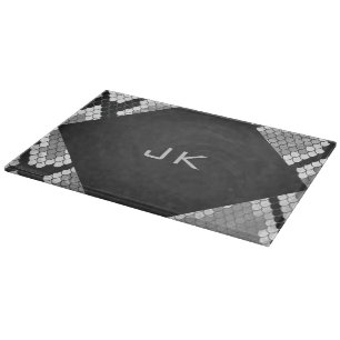 Snakeskin Grey, White, and Black Monogrammed Cutting Board