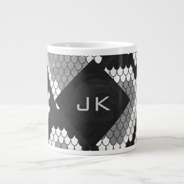 Snakeskin Grey, White, and Black Monogrammed Large Coffee Mug (Front)