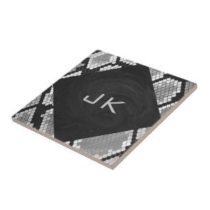 Snakeskin Grey, White, and Black Monogrammed Tile