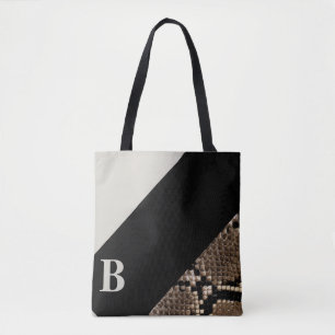 Snakeskin Image Black & Cream Monogram Tote Bag