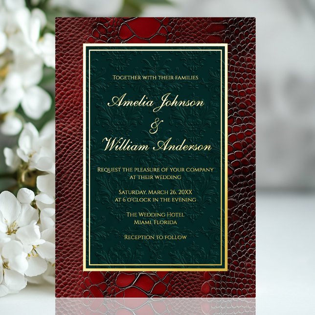 Snakeskin Leather Victorian Red Dark Green Wedding (Snakeskin Leather Victorian Red Dark Green Wedding Foil Invitation)