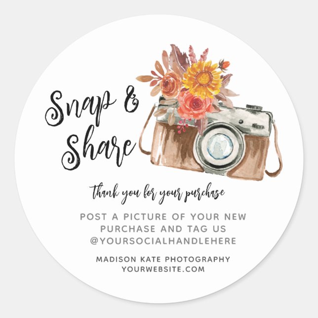Snap & Share Camera Business Round Sticker (Front)