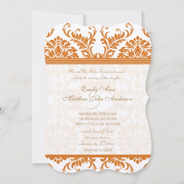 Snapdragon Coral & Ivory Damask Wedding Invite (Front)