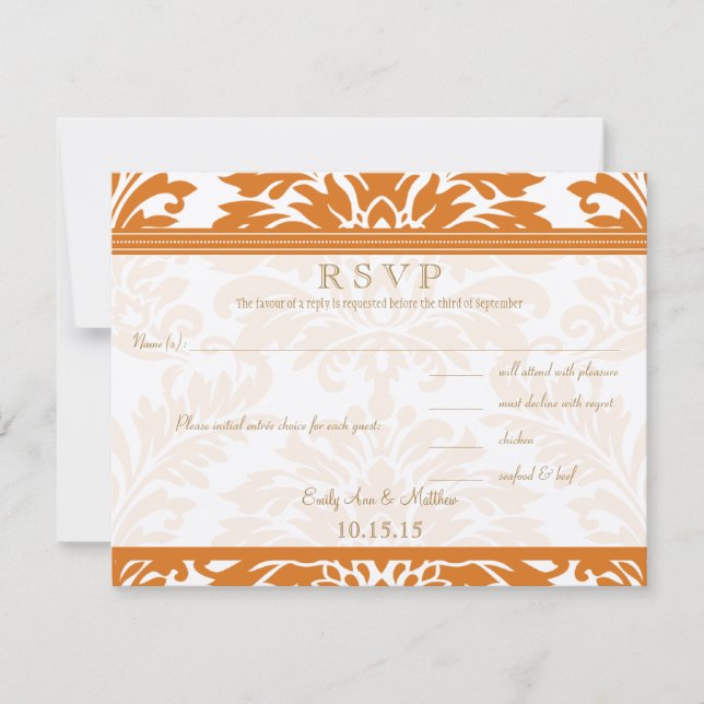 Snapdragon Coral & Ivory Damask Wedding RSVP (Front)