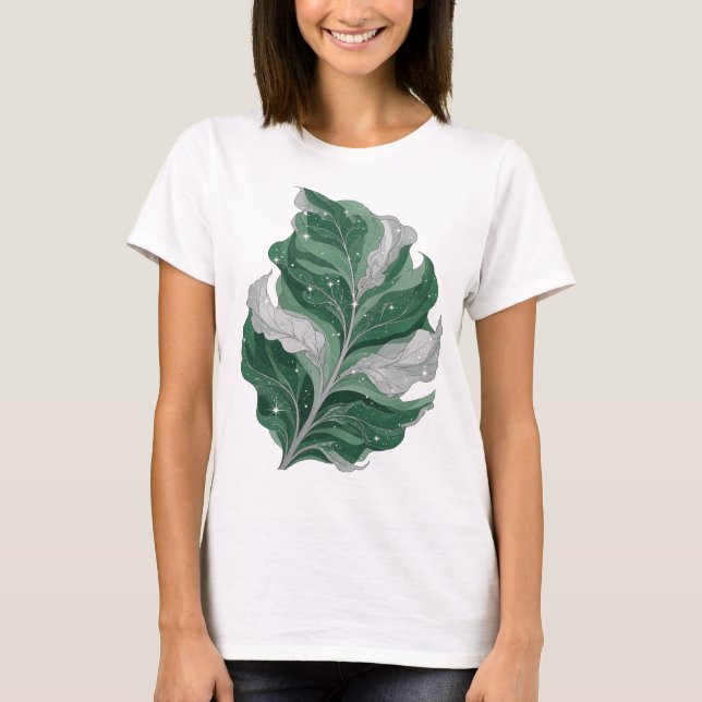 Snappy Silver GREEN LEAF WITH STARS Design T-Shirt (Front)