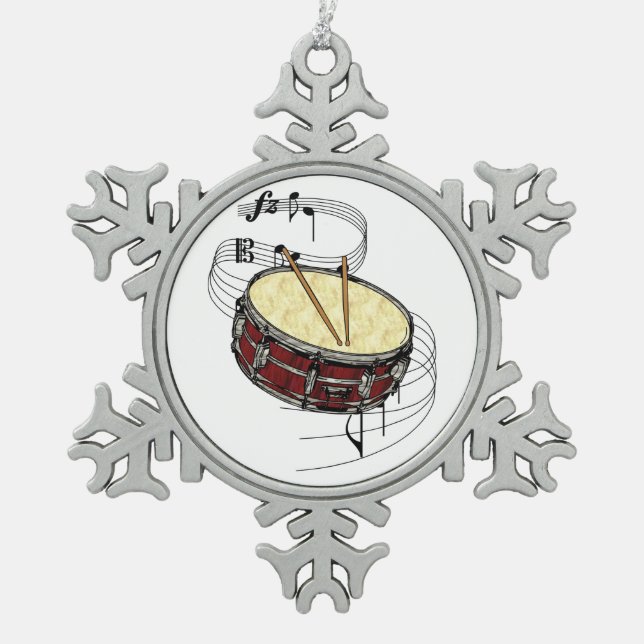Snare Drum Snowflake Pewter Christmas Ornament (Front)