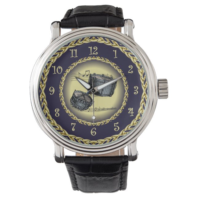 Snare Drums ~ Musical Scroll ~ Gold/Navy Blue ~ Watch (Front)