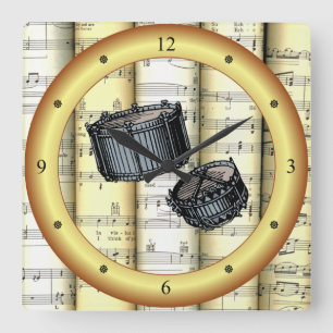 Snare Drums ~ Rolled Sheet Music ~ Gold Ring ~ * ~ Square Wall Clock