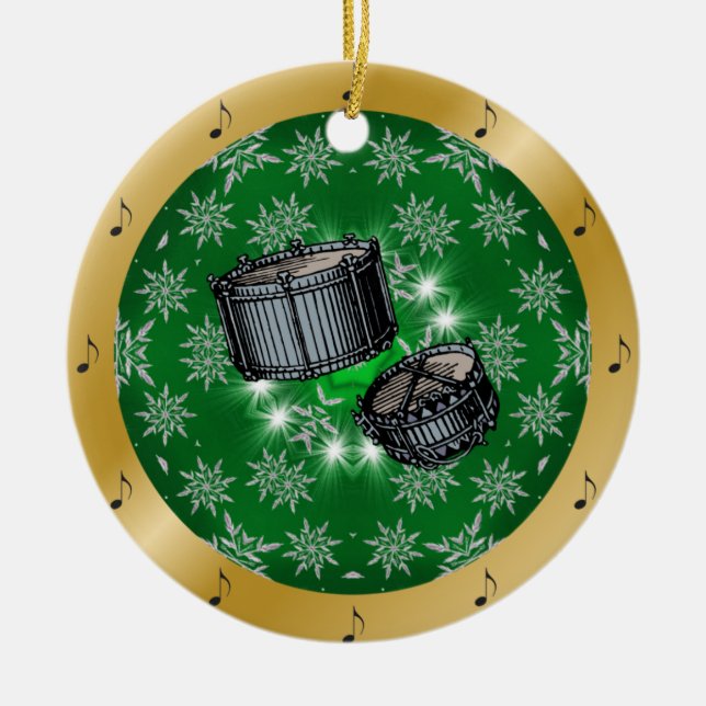 Snare Drums ~ Silver ~ Green ~ Gold ~ Christmas ~ Ceramic Tree Decoration (Front)