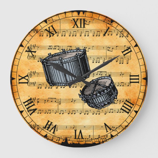 Snare Drums ~ Vintage Sheet Music Background ~ Large Clock (Front)