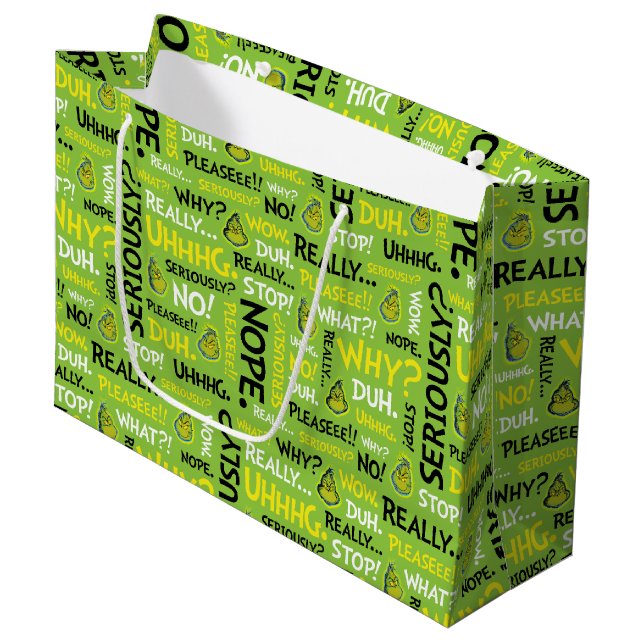 Snarky Grinch | Grinch Snarky Phrase Pattern Large Gift Bag (Front Angled)