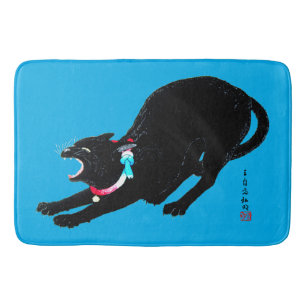 Snarling Hissing Black Japanese Cat Bath Mat