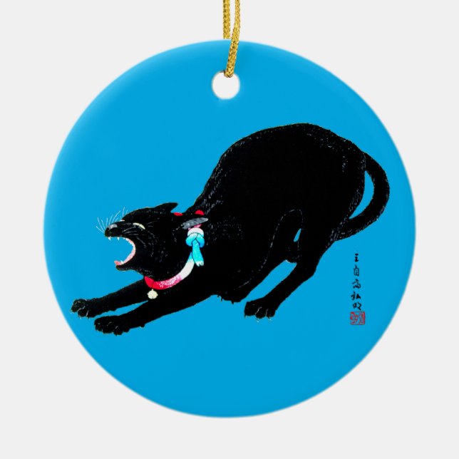 Snarling Hissing Black Japanese Cat Ceramic Tree Decoration (Front)