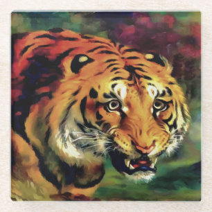Snarling Tiger Artistic Portrait Glass Coaster