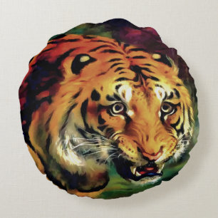 Snarling Tiger Artistic Portrait Round Cushion