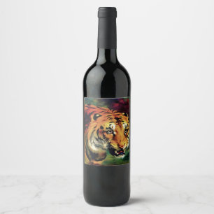 Snarling Tiger Artistic Portrait Wine Label