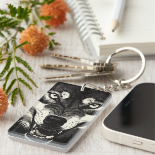 Snarling Wolf 50s Black White Graphics Style Key Ring