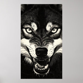 Snarling Wolf 50s Black White Graphics Style  Poster