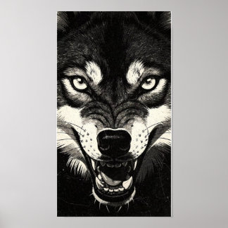 Snarling Wolf 50s Black White Graphics Style  Poster