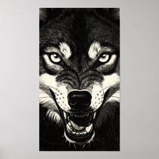 Snarling Wolf 50s Black White Graphics Style  Poster
