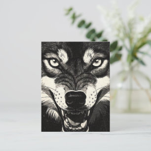 Snarling Wolf BW Graphics 50s Style Postcard