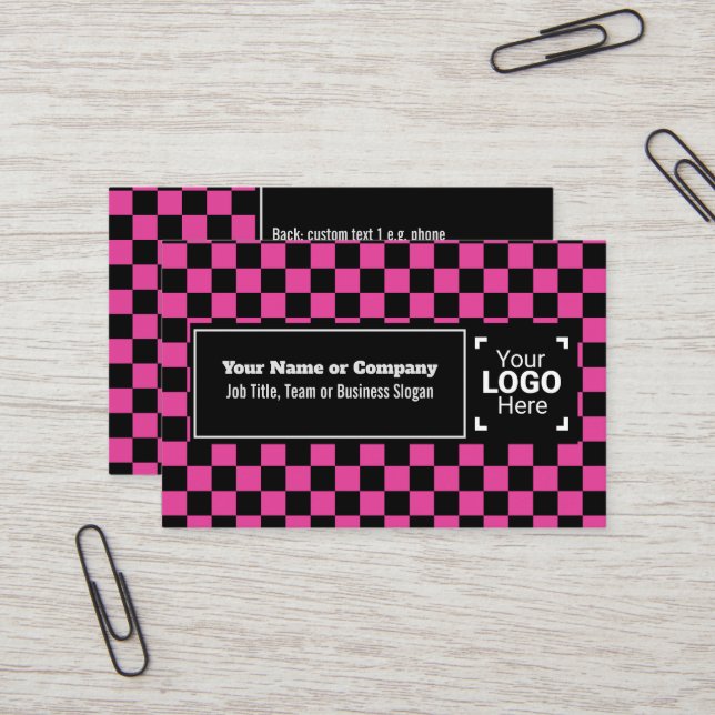 Snazzy Cerise / Black Chequered Own Text, QR, Logo Business Card (Front/Back In Situ)