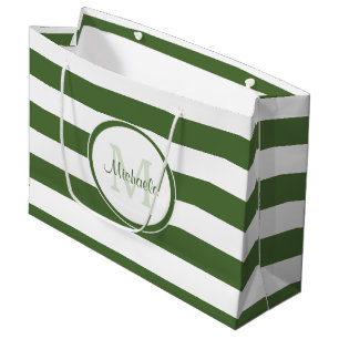 Snazzy Deep Green Monogram With Fat Stripes Large Gift Bag