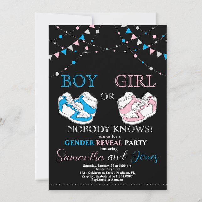 Sneaker Ball Gender Reveal Blue or Pink Sneaker Invitation (Front)