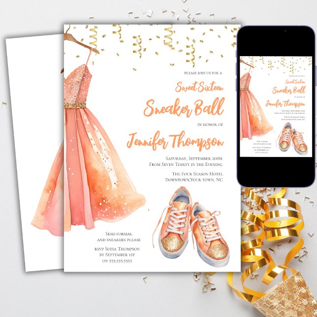 Sneaker Ball Sweet 16 Peach and Gold Glitter  Invitation (Creator Uploaded)