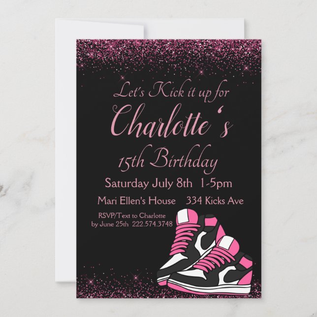 Sneaker Birthday, Pink Glitter  Invitation (Front)