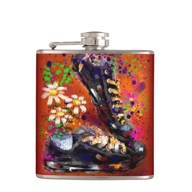 Sneakers and Daisies Impressionistic Orange White Hip Flask (Front)