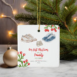 Sneakers Baby's First Christmas Ceramic Ornament<br><div class="desc">Shoe themed baby's first Christmas theme featuring illustration of pair of grey baby booties between two pairs of sneakers.</div>