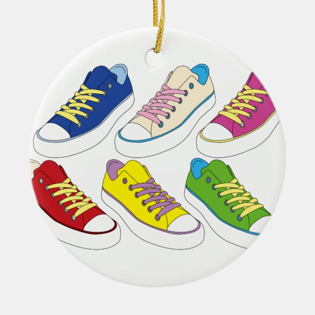 Sneakers drawing, colourful running shoes ceramic tree decoration (Front)