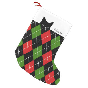 Sneaky Cat Argyle Red Green Black Small Christmas Stocking