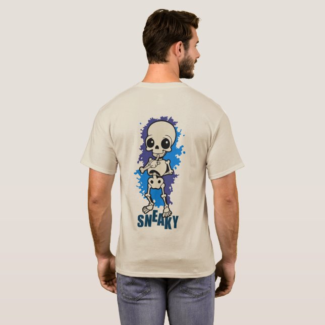 Sneaky Cute Skeleton Halloween Blue Splash T-Shirt (Back Full)