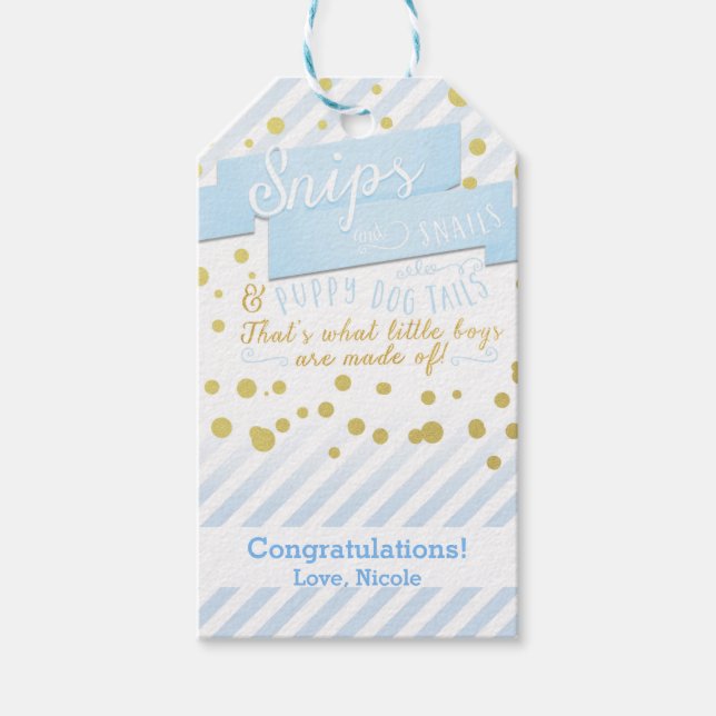 Snips & Snails Blue & Gold Baby Shower Gift Tag (Front)